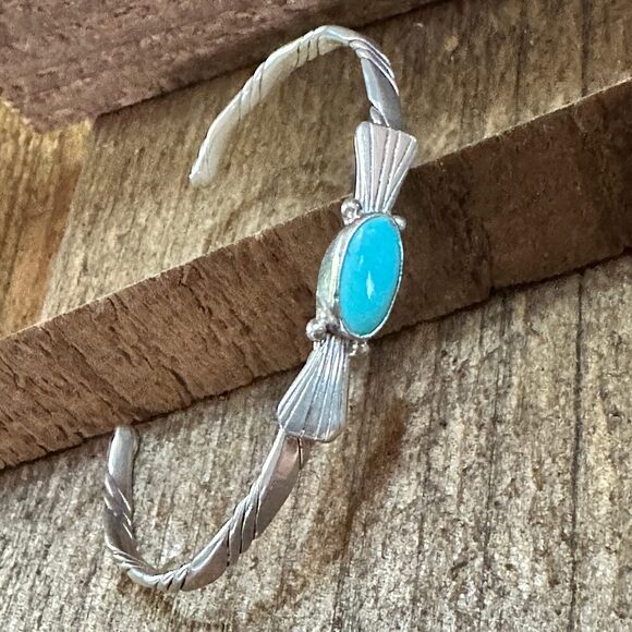 Navajo Sterling Silver & Kingman Turquoise Cuff Bracelet, Stamped - Picture 7 of 9